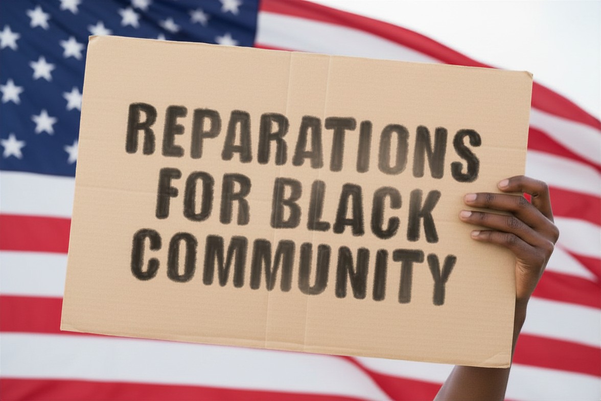 picture holding sign with words reparation for black community
